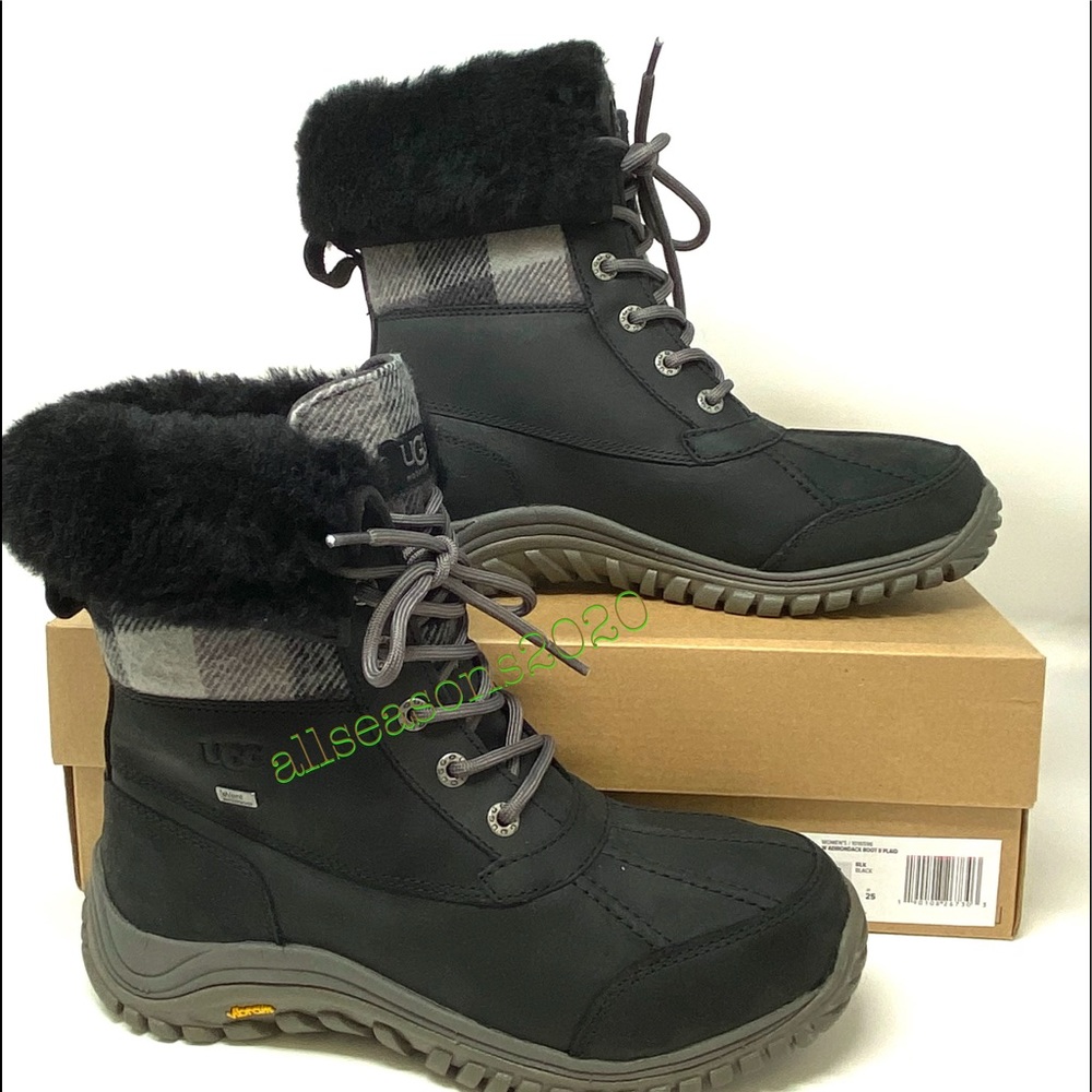 UGG Women’s Boots Adirondack 2 Plaid Black Le Fur - Picture 2 of 12